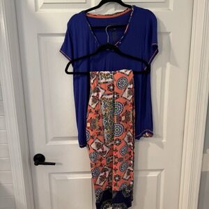 BOLLYDOLL Women's Sz XL Colorful Lace Trim Elephant PJ Set Blue Orange‎